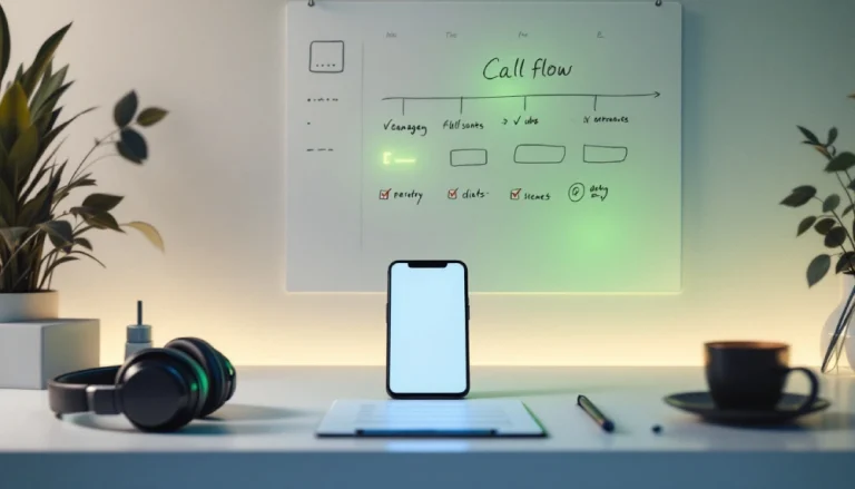 Poste de travail professionnel avec téléphone, checklist et casque pour structurer un plan d'appel téléphonique