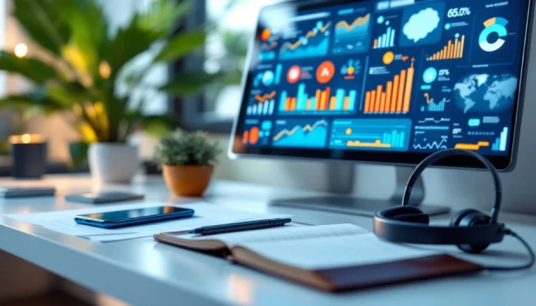 Poste de travail professionnel avec téléphone, scripts d'appels et graphiques pour la prospection téléphonique
