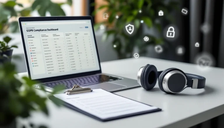 Poste de travail avec liste de conformité RGPD, casque et données pour la prospection B2B