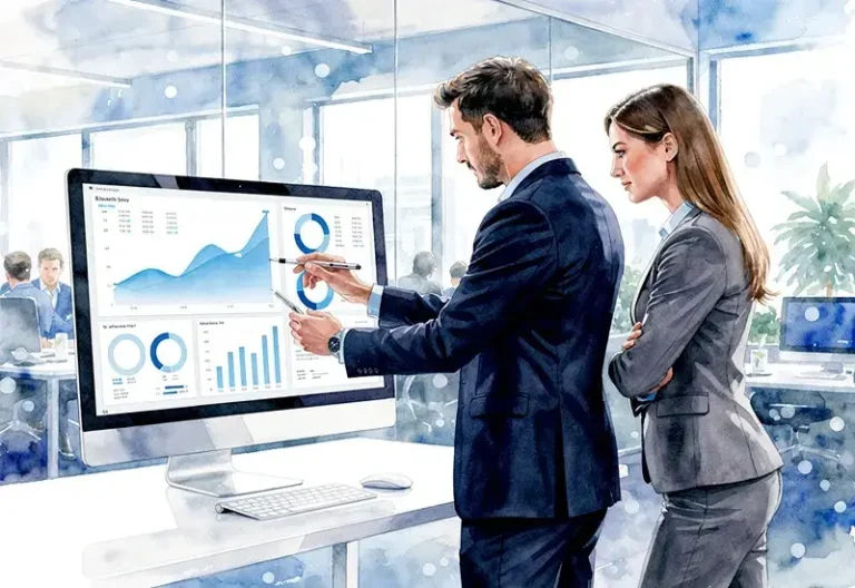 Deux professionnels analysant des graphiques de performance commerciale sur écran d'ordinateur dans un bureau moderne