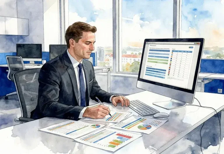 Commercial en costume analysant des documents de prospection et des graphiques sur son bureau dans un environnement professionnel moderne