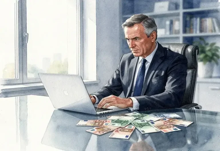 Homme d'affaires en costume travaillant sur son ordinateur portable dans un bureau moderne avec des billets d'euros sur le bureau