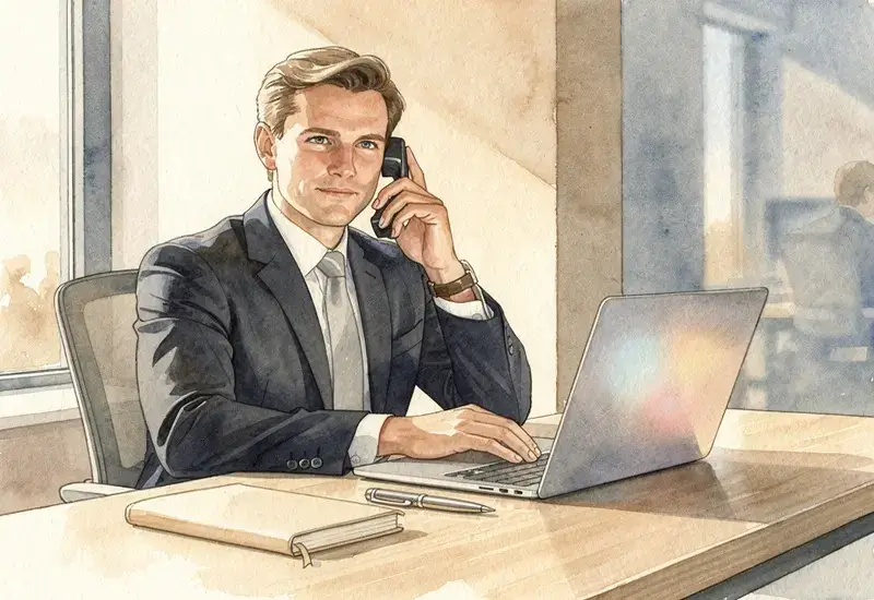 Directeur commercial en costume tenant un téléphone professionnel dans son bureau moderne