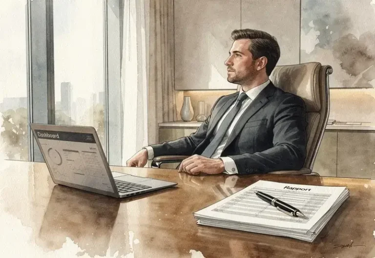 Photo d'un dirigeant d'entreprise en costume réfléchissant à une décision commerciale dans son bureau moderne