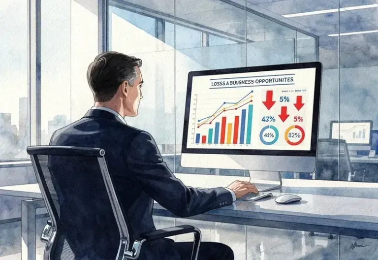 Professionnel analysant des statistiques de perte d'opportunités commerciales sur son ordinateur dans un bureau moderne