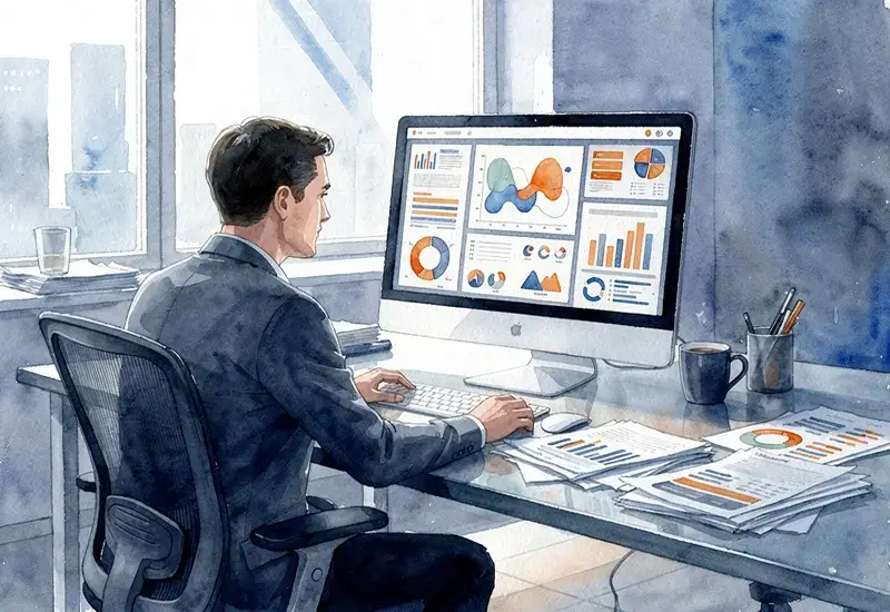 Homme d'affaires analysant des données clients sur son ordinateur dans un bureau moderne