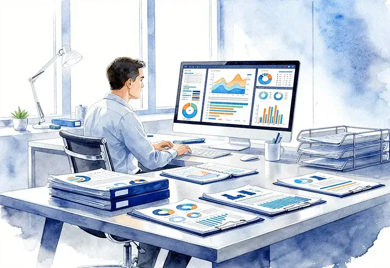 Commercial analysant des données de prospection sur son ordinateur dans un bureau moderne