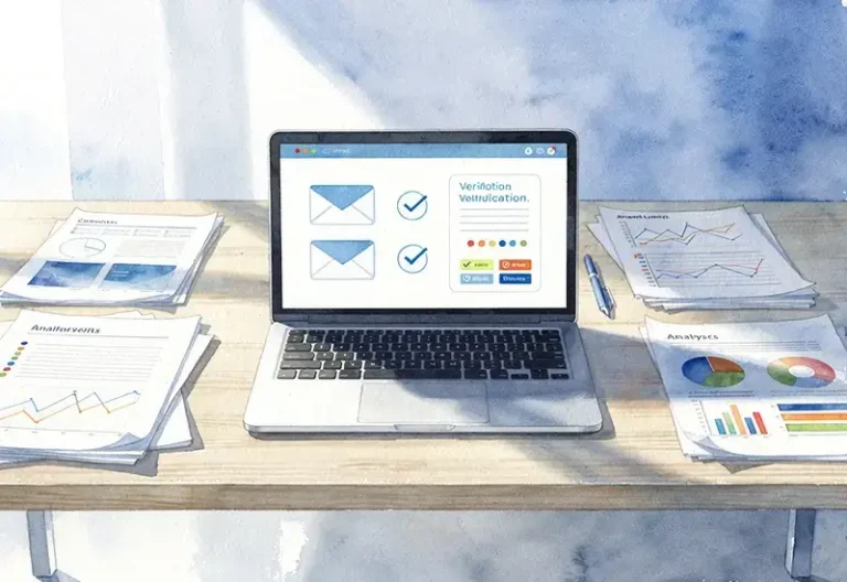 Photo d'un ordinateur portable affichant une interface de vérification d'emails avec des indicateurs de validation et des graphiques d'analyse sur un bureau professionnel