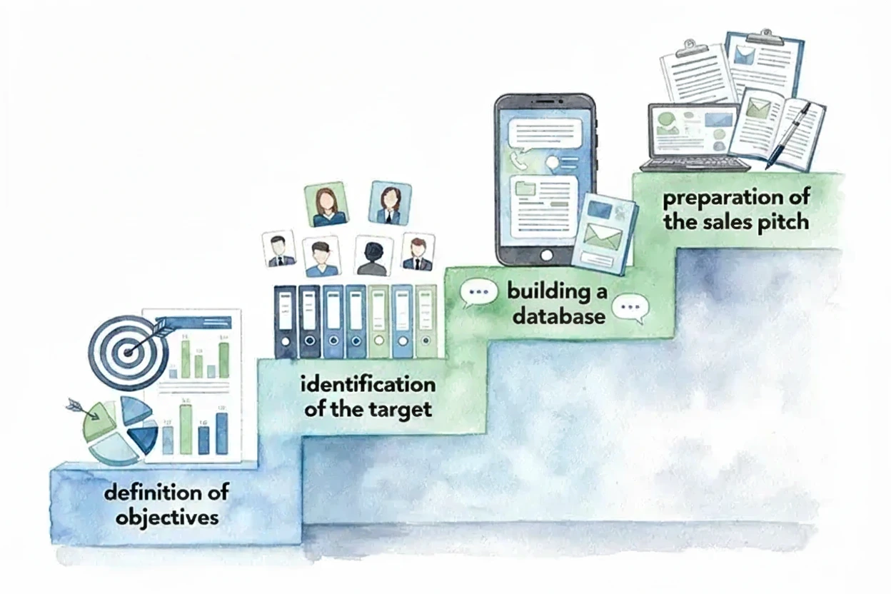 Photo montrant les cinq étapes clés d'une recherche de prospects réussie disposées en escalier ascendant
