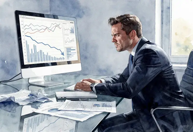 Homme d'affaires analysant des données d'échec de stratégie d'acquisition dans son bureau