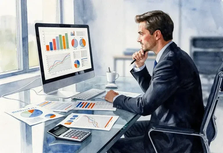 Professionnel en costume analysant des graphiques commerciaux sur son ordinateur dans un bureau moderne