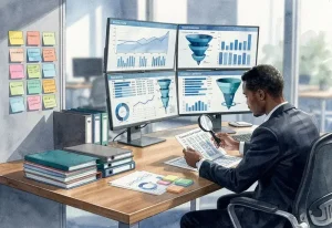 Photo d'un bureau d'analyse commerciale avec graphiques de conversion et dossiers de prospection organisés