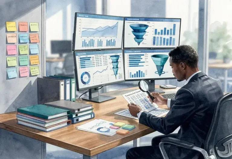 Photo d'un bureau d'analyse commerciale avec graphiques de conversion et dossiers de prospection organisés