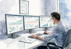 Commercial analysant des métriques de prospection et données de performance sur plusieurs écrans dans un bureau moderne