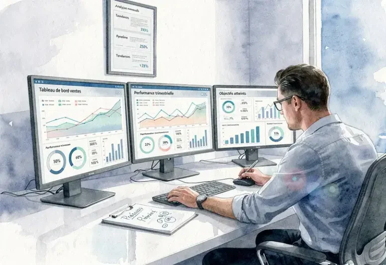 Commercial analysant des métriques de prospection et données de performance sur plusieurs écrans dans un bureau moderne