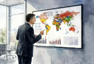 Commercial en costume analysant des graphiques et données sur écran dans bureau moderne