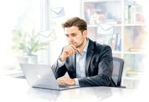 Photo d'un commercial pensif devant son ordinateur entouré d'emails de prospects