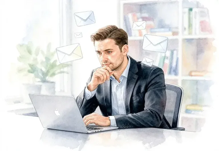 Photo d'un commercial pensif devant son ordinateur entouré d'emails de prospects