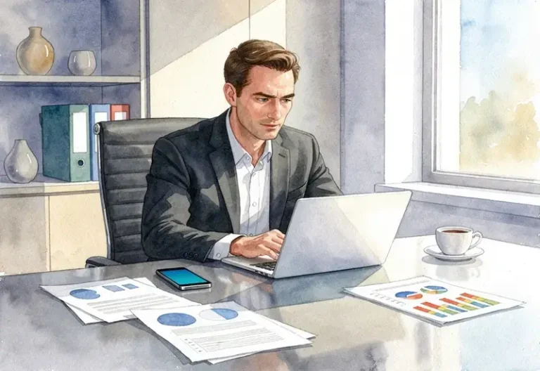 Photo d'un dirigeant d'entreprise en costume consultant ses emails sur son ordinateur portable dans son bureau moderne