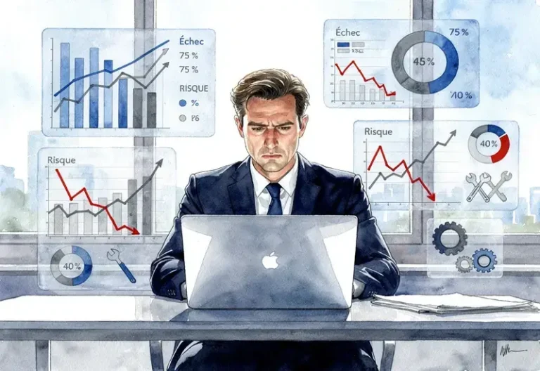 Homme d'affaires concentré devant son ordinateur analysant des statistiques d'échec d'outils de prospection dans un bureau moderne