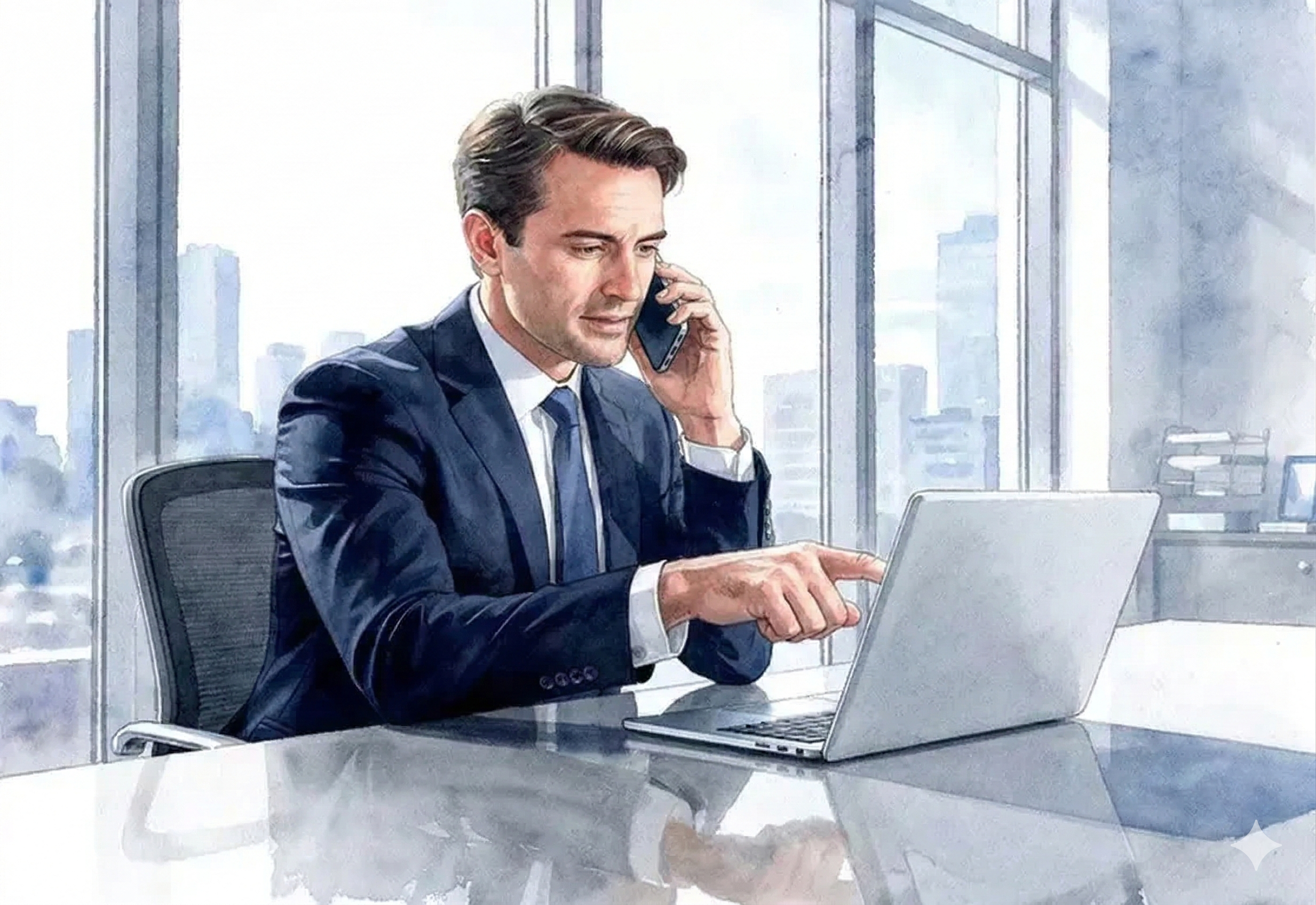 Homme d'affaires au téléphone devant son ordinateur portable dans un bureau moderne, illustrant l'approche multicanale en prospection B2B