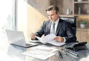 Homme d'affaires en costume analysant un dossier client à son bureau avec ordinateur portable et téléphone