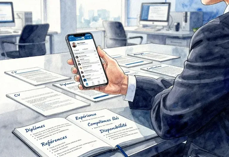 Professionnel qualifiant des prospects LinkedIn à son bureau avec smartphone et documents de travail