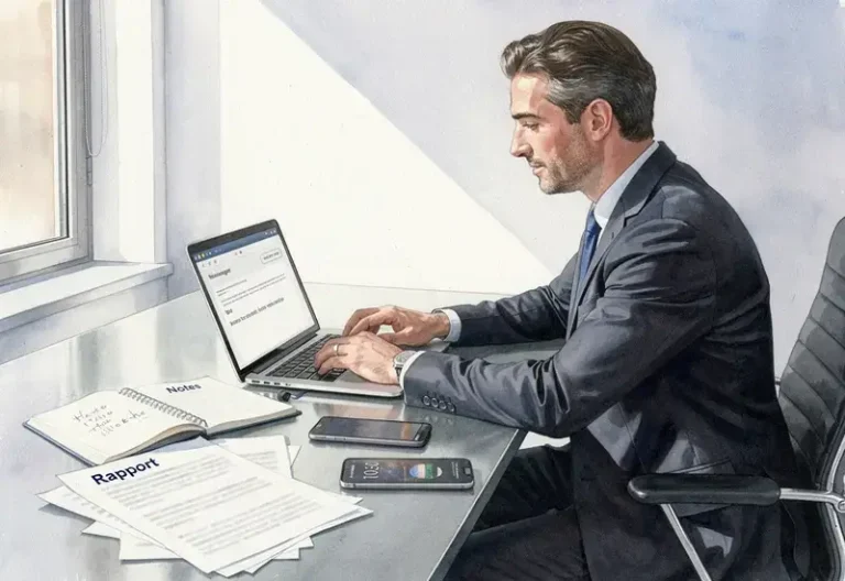 Homme d'affaires concentré tapant un email sur son ordinateur portable dans un bureau moderne avec documents et smartphone sur le bureau