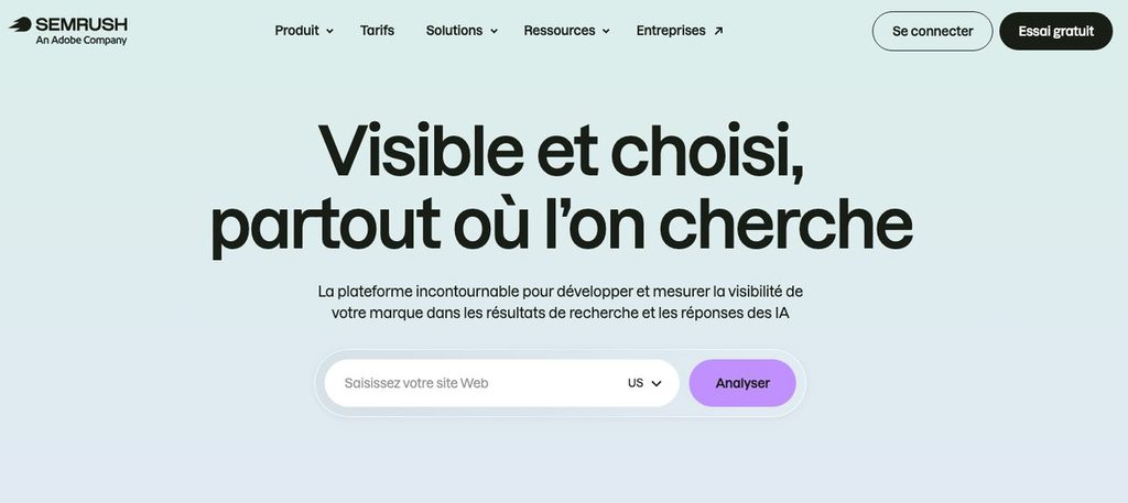 Page d'accueil de Semrush, plateforme d'analyse des mots-clés, de la concurrence et de la visibilité dans l'IA