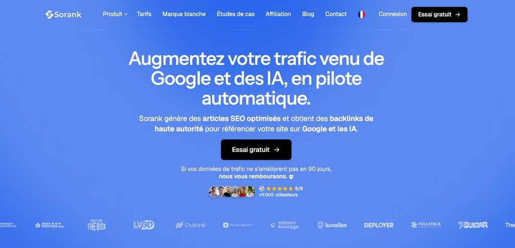Page d'accueil de Sorank, logiciel SEO qui publie des articles pour les entreprises B2B et suit leurs citations dans ChatGPT, Claude et Gemini